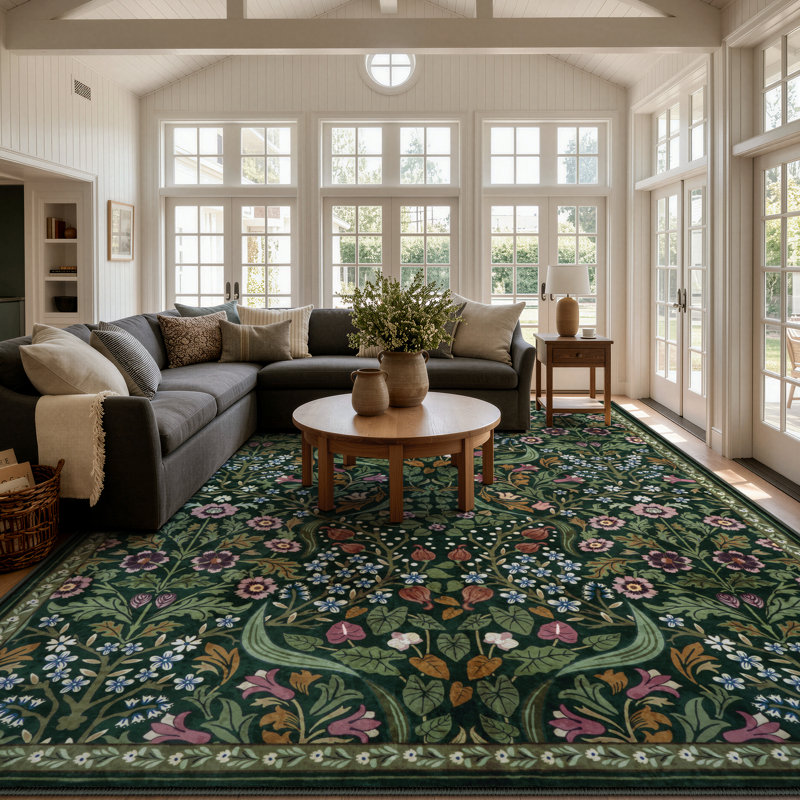 Tapis lavable à motif floral Kaldi, Vert, Rectangle 10 pi x 14 pi
