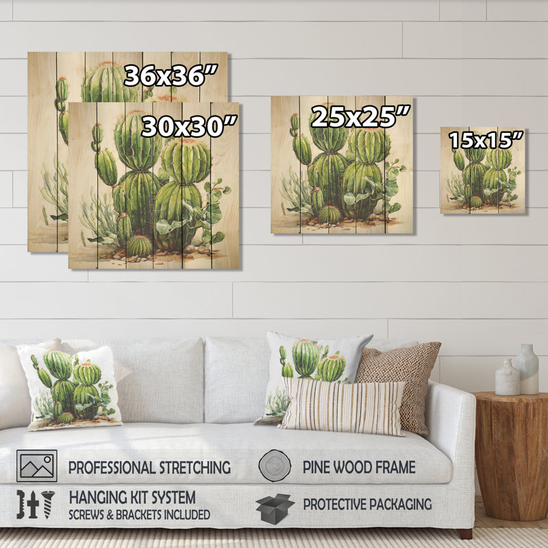 Impression de cactus vert désert II - fruits sur bois, H 25 po x l 25 po