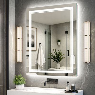 Frameless Rectangle Front & Backlit LED Bathroom Vanity Mirror with Dual LED Lighting, Dimmable 3-Color, Anti-Fog