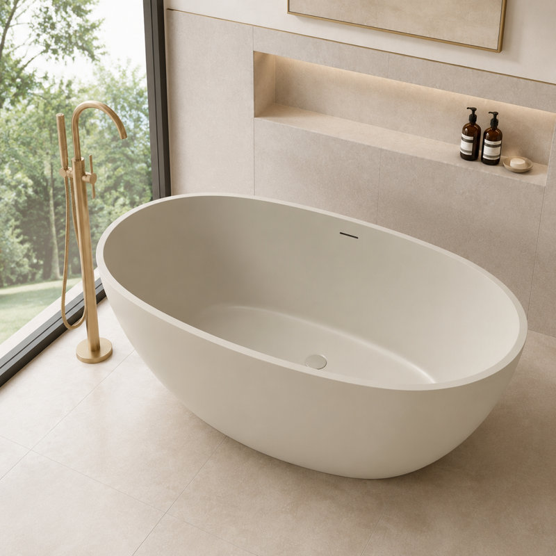 Baignoire de trempage autoportante à surface solide de 55 po, finition ovale beige clair mat, Beige clair