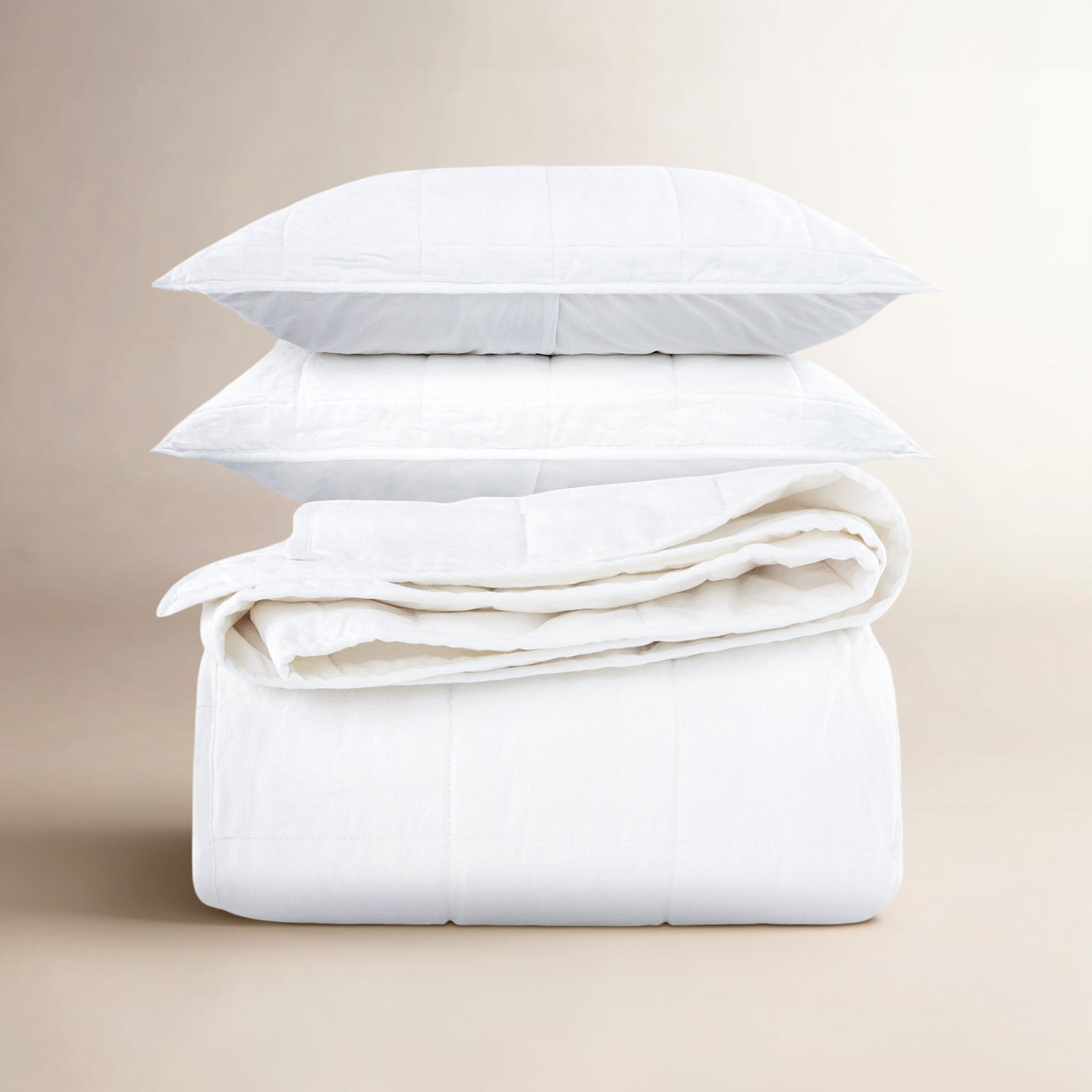 French Linen Quilt Set, King Quilt + 2 King Pillow Shams, White