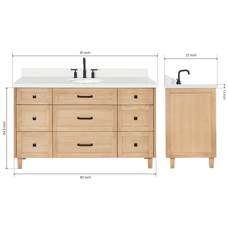 ARIEL Monroe 61 Single Sink Bathroom Vanity with Pure Quartz Top, Oak