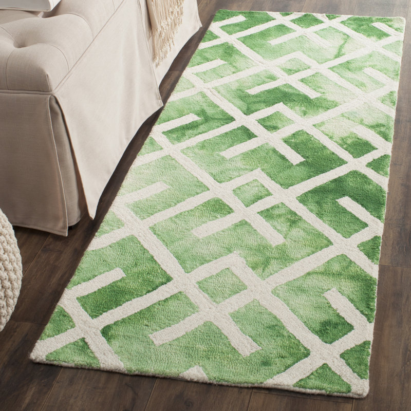 Tapis vert / ivoire en coton tissé à la main Bryauna, Tapis de couloir 2 pi 3 po x 6 pi