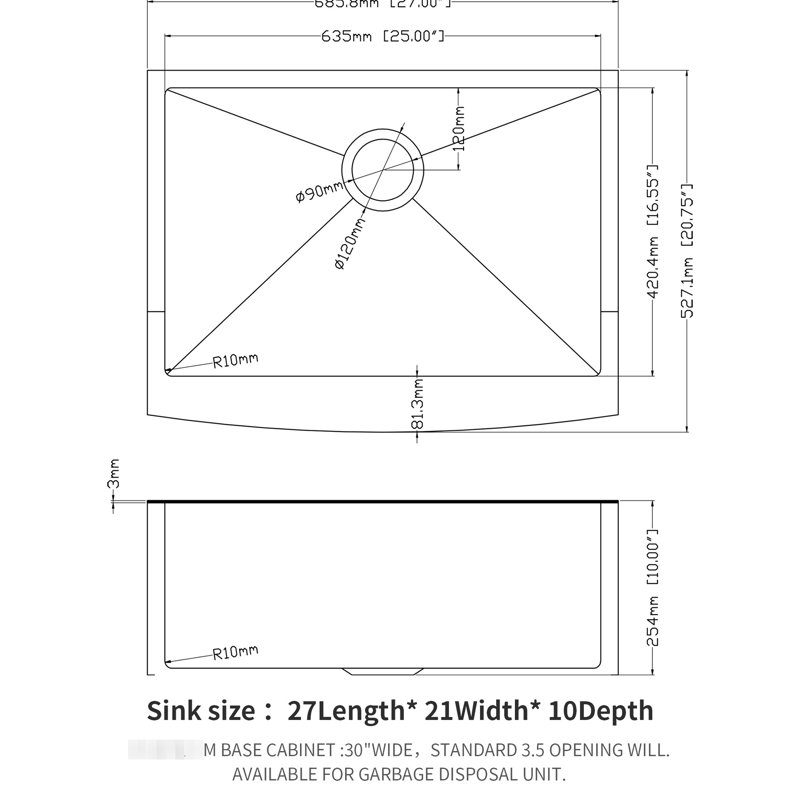 Évier en acier inoxydable de 27 po, 27 po x 21 po x 10 po, 16 po, en acier inoxydable 16 po, prévient la rouille de la cuisine et réduit le bruit