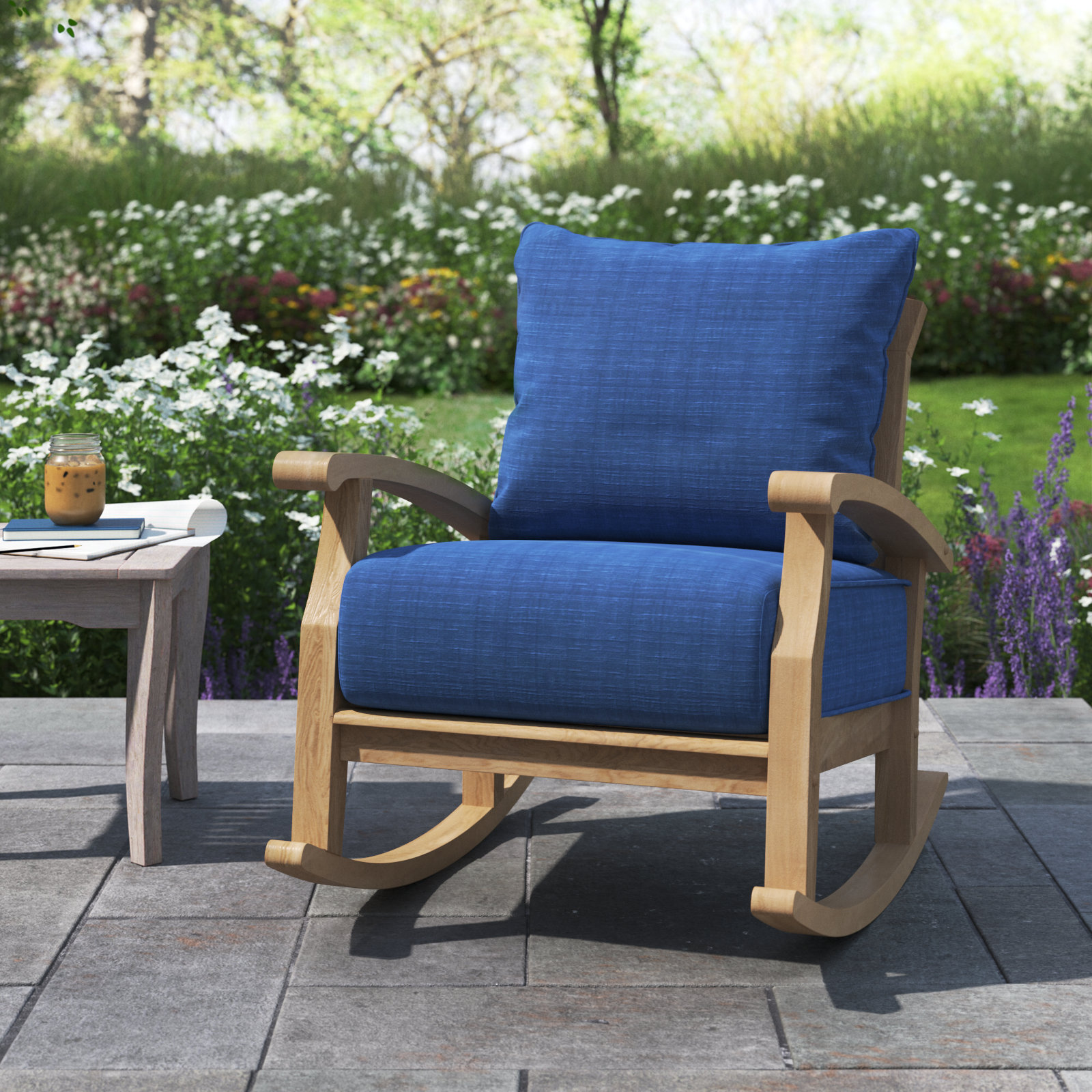 Summerton Teak Patio Rocking Chair, Navy Performance Olefin, Natural