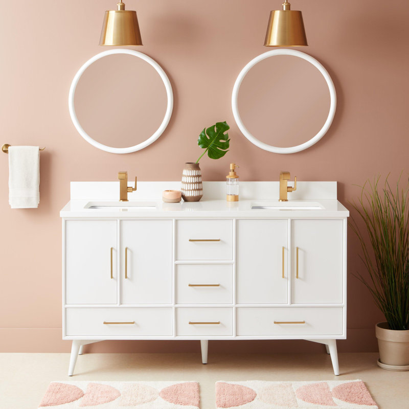Ensemble de meuble-lavabo double 60 po avec lavabo sous plan Novak, Quartz blanc arctique, Monotrou, Blanc