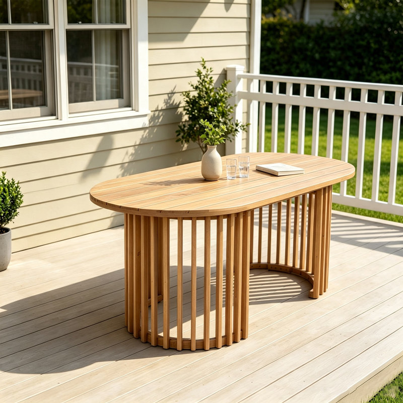 Table de salle à manger de patio ovale en bois d'acacia massif avec base à lattes unique