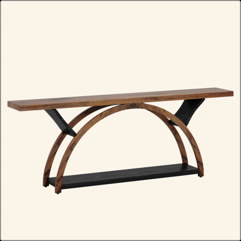 Console avec tablette de rangement, canapé long et étroit derrière le canapé, table d'entrée rustique à 2 niveaux avec cadre en demi-lune pour le couloir du salon