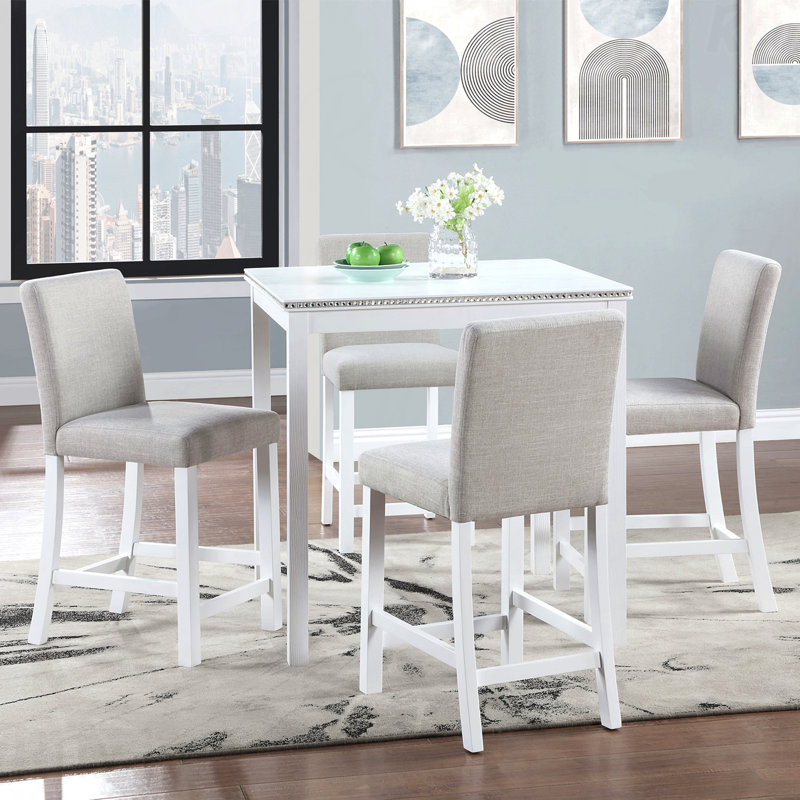 Ensemble de salle à manger 5 pièces à hauteur de comptoir: table carrée en bois et 4 chaises rembourrées, décoration en cristal