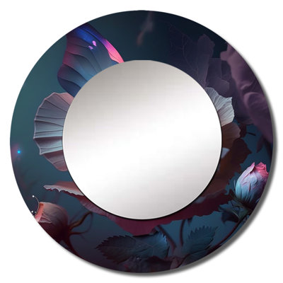 Petscher Cream Flower Blooming Butterflies I - Floral Decorative Mirror, Cream Round Wall Mirror, Printed Metal Art