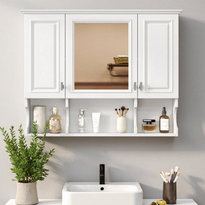 Armoire à pharmacie 3 portes 35 "x 28" avec miroir | Armoire de rangement murale pour salle de bain avec tablettes ouvertes et tablettes intérieures réglables | Design moderne avec rangement dissimulé