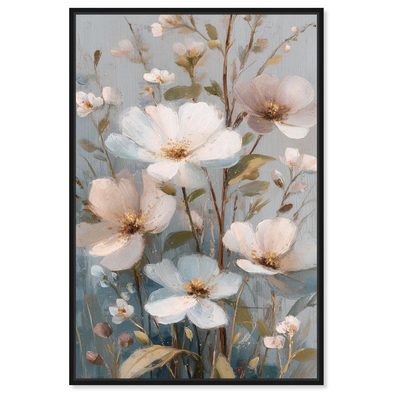 Art floral rétro sur fond blanc , Cadre flottant noir, H 16 po x l 11 po