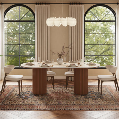 71" Modern Oval Dining Table for 6, Beige Sintered Stone Table top With Double Wood Legs