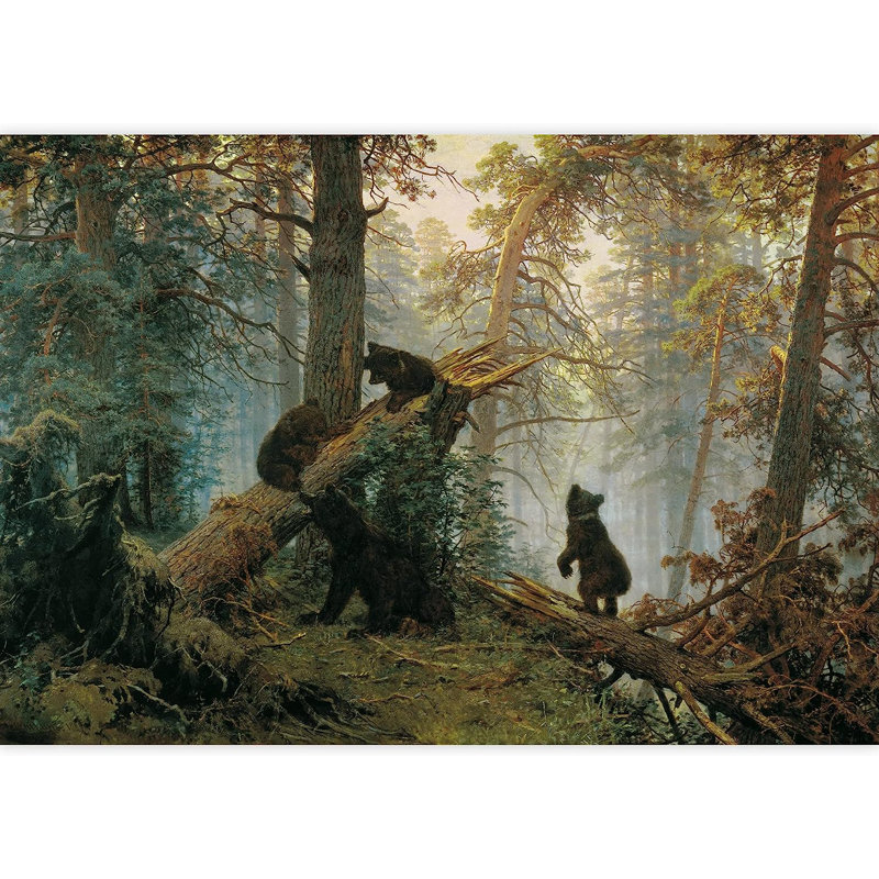Morning in a Pine Forest (Bears Playing on a Fallen Tree) 100' L x 144" W Wall Mural, 100" L x 144" W
