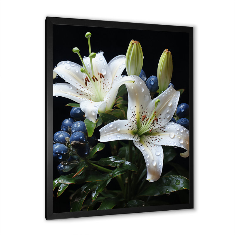 White Green Lily Exquisite Lily Pointillism II - Floral Wall Art Prints, H 20 po x l 12 po x P 1 po, Cadre photo noir