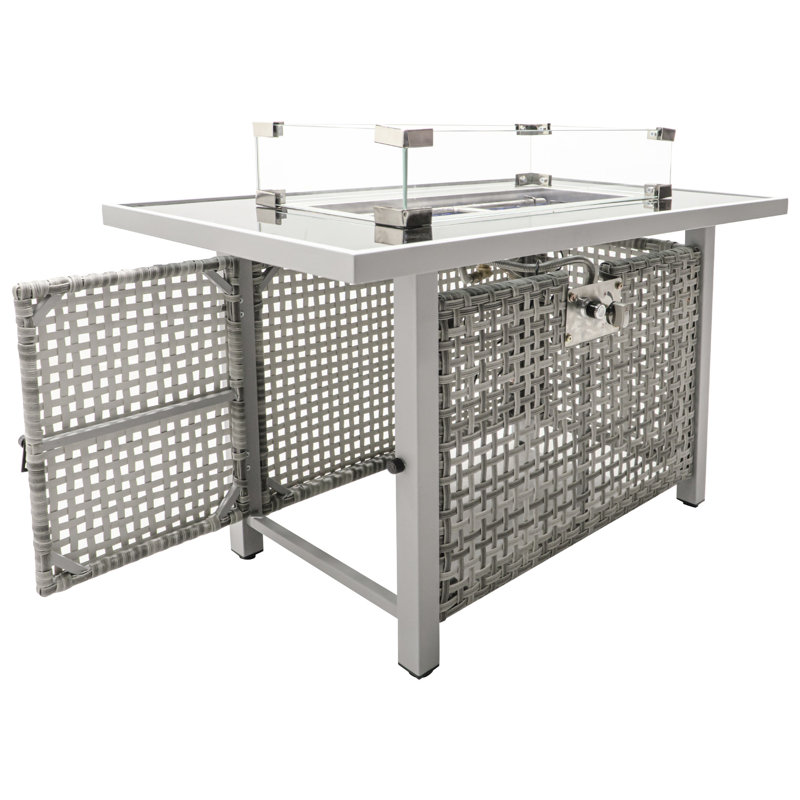 Table de foyer rectangulaire au propane de 43 pouces, 60 000 BTU, tissage ajouré gris, avec décoration en pierre de verre bleue et pare-vent trempé pour les moments conviviaux en extérieur. Conception à gaz gris, coupe-vent, couvercle amovible, 9 kg (20 lb).