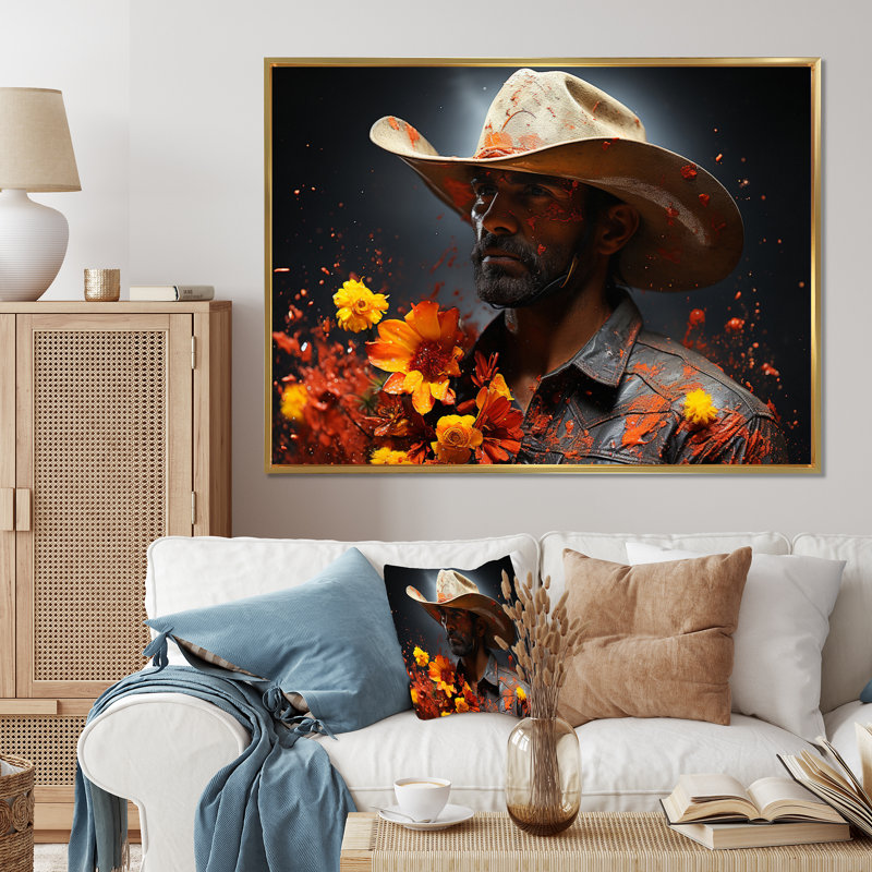 Western Cowboy Pointillism Portrait I, reproduction d'art sur toile, 30" H x 40" W, Black Picture Framed