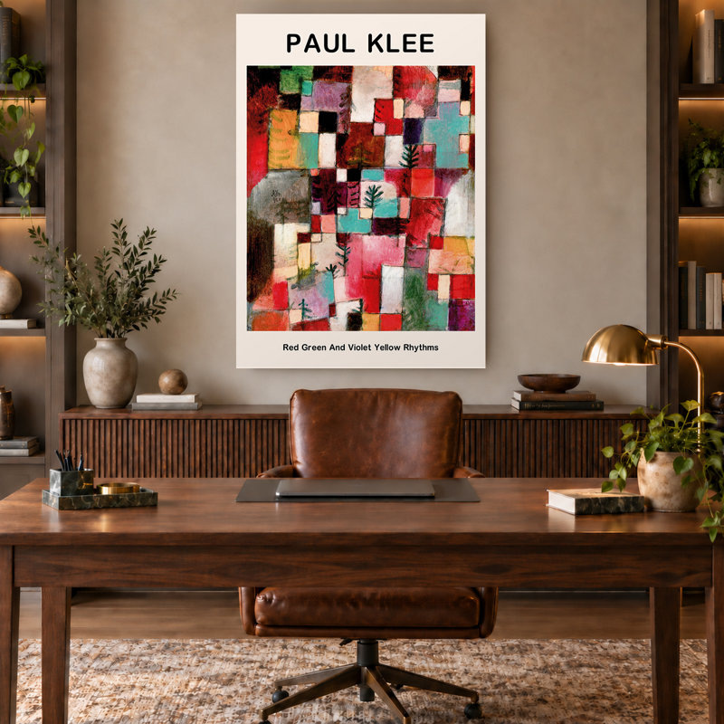 Exposition de toiles abstraites géométriques rouges et vertes de Paul Klee, H 18 po x l 12 po