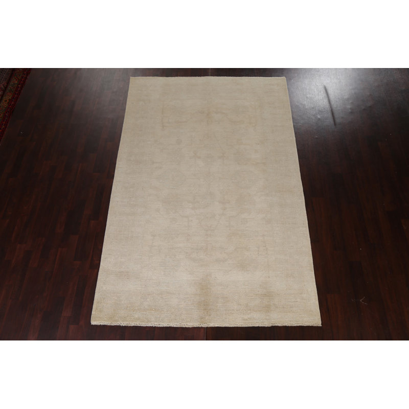 Tapis beige en laine noué à la main de conception unique 6 pi 7 po x 10 pi 0 po