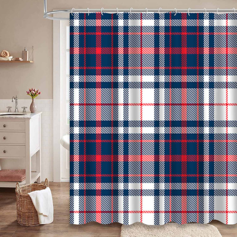Rideau de douche bleu à motif écossais bleu et rouge avec 12 crochets, L 72 po x l 78 po