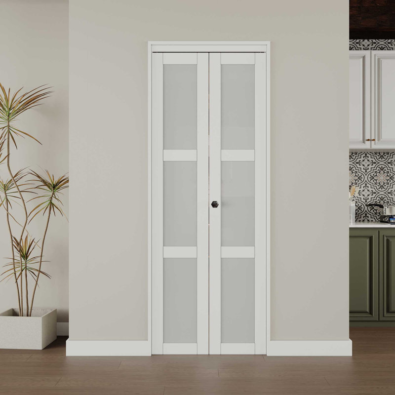 30 in x 80 in White Finished MDF Bi-Fold Door with Frosted Glass
