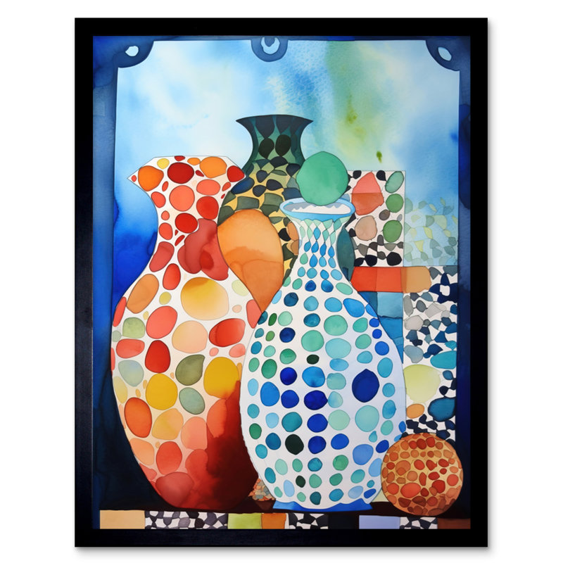 Polka Dot Glazed Porcelain Ceramic Vases Folk Art Artwork Framed Wall Art Print 9X7 Inch
