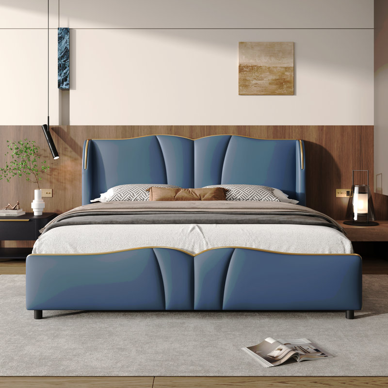 Structure de lit tapissier très grand en cuir, cadre de lit moderne avec tête de lit à oreilles, lit plateforme tapissier avec pied de lit ondulé, pas de sommier nécessaire