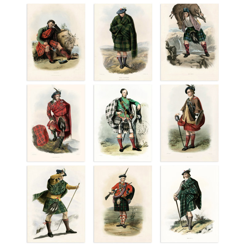 Collection Of Scottish Clan Tartans 9-Piece Set Unframed Wall Art Prints Study Office Aesthetic Illustration Portraits
