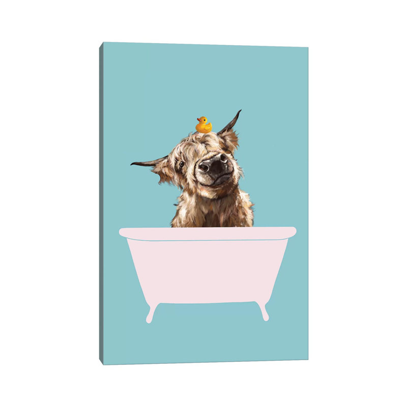 «Playful Highland Cow in Bathaign» par Big Nose Work - impression d'art graphique, Toile tendue, Pas de tapis