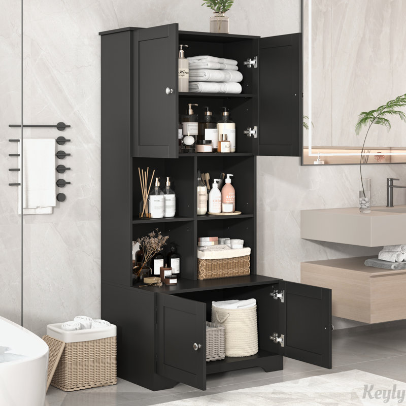 Gosellini 67"H Bathroom Cabinet with Adjustable Shelves and Open Shelves Multiple Storage System, Black