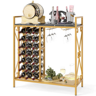 21 Bottle Wine Rack Freestanding Floor Wine Bottle Organizer With Storage Shelf Black & Gold