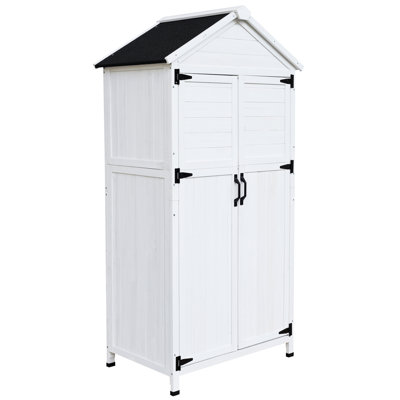 Remise de jardin en bois de sapin blanc de 67 pouces de hauteur avec toit intelligent pour ranger les outils de patio spacieux et courts