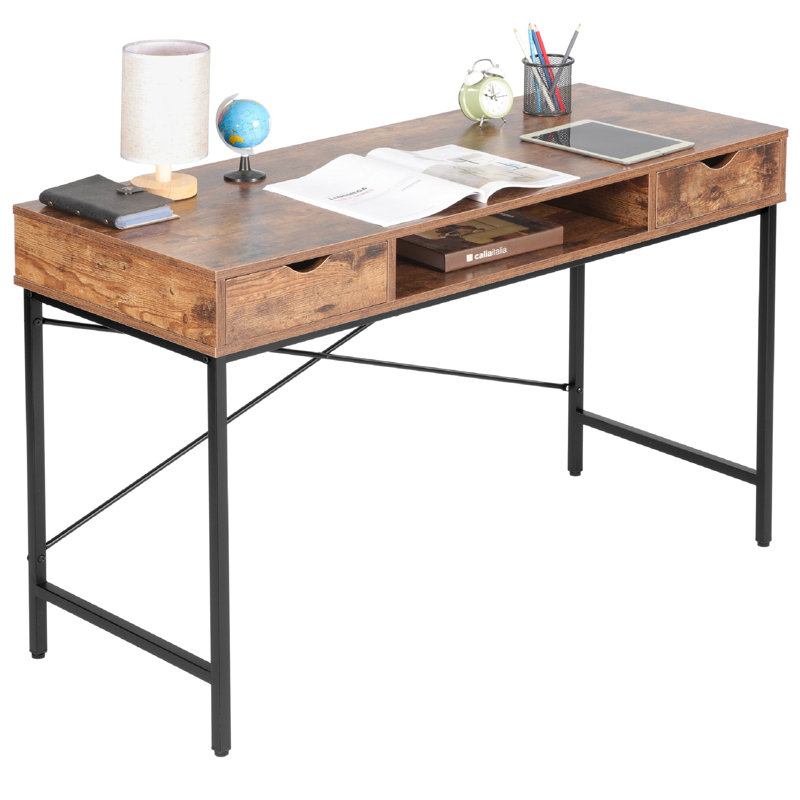 Bureau d'écriture en bois avec tiroirs et structure en métal Hakes, Brun rustique / noir