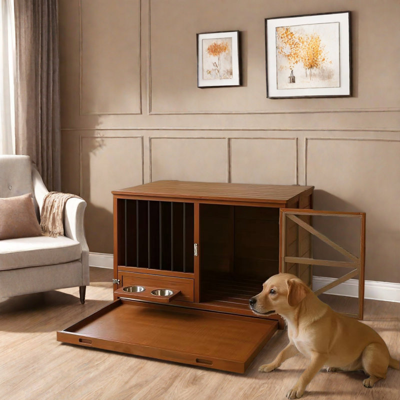 Meuble de caisse pliable en bois pour chien avec mangeoire rotative à 360 ° et plateau amovible