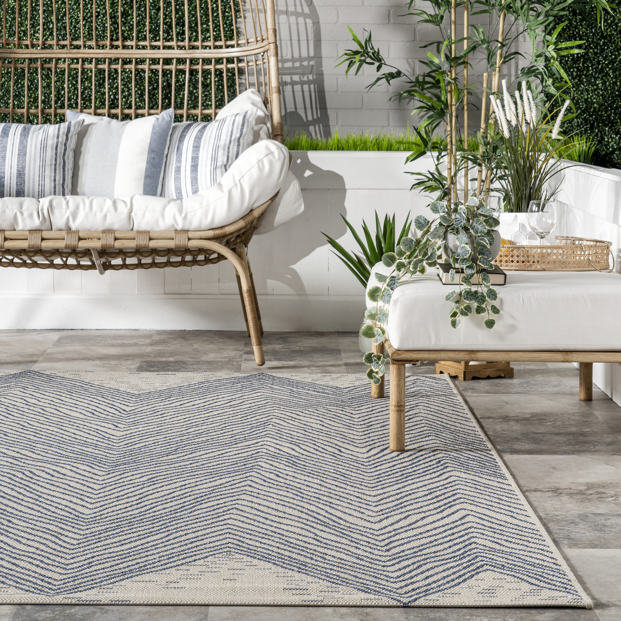 Dunham Abstract Indoor/Outdoor Area Rug for Living Room Patio Deck Front Porch Kitchen, Blue/Ivory, Square 7'6"