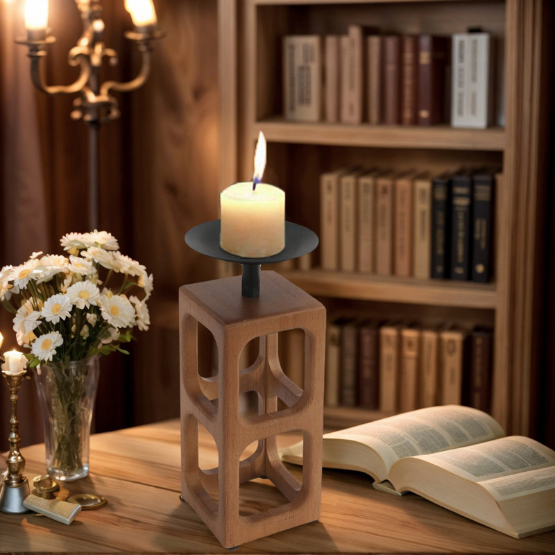 Hollow Square Hole Design Pillar Candle Holder, Brown, 9.25" H x 4.25" W x 4.25" D