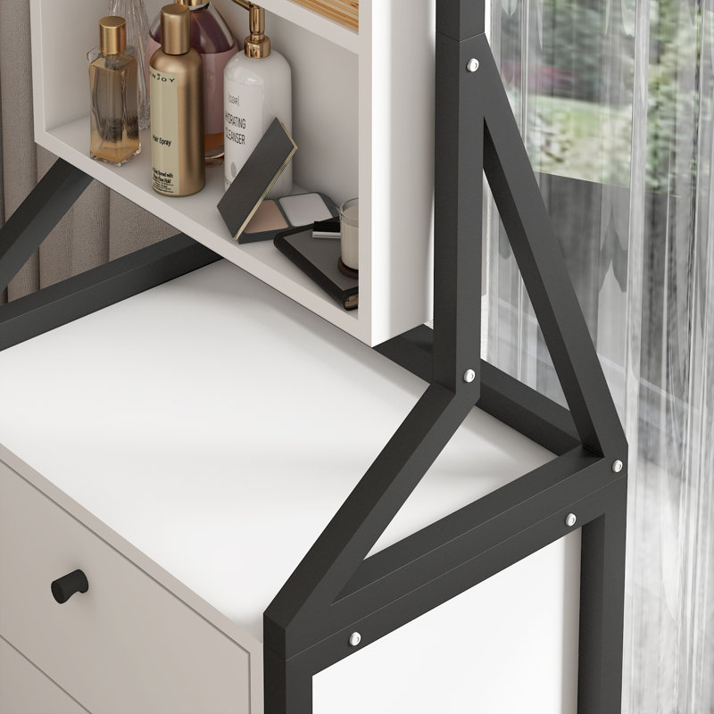 Rotating Jewellery Armoire & Makeup Mirror Cabinet with 2 Drawers, Handcrafted White Finish, Spacious Storage Solution