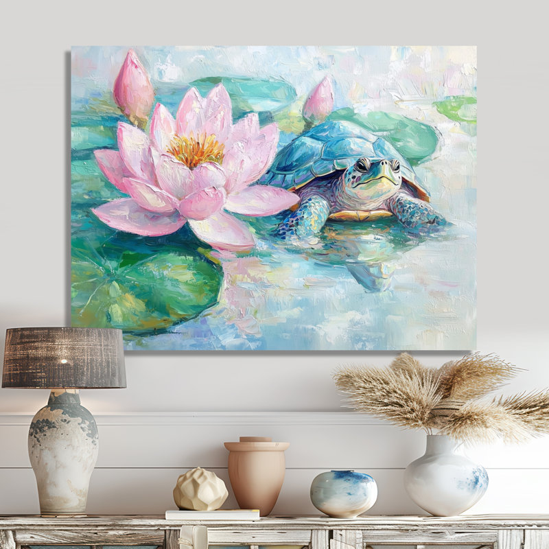 Tortue dans un nénuphar III - Tortue, reproduction d'art murale, H 16 po x l 32 po, Toile tendue, Ne s’applique pas