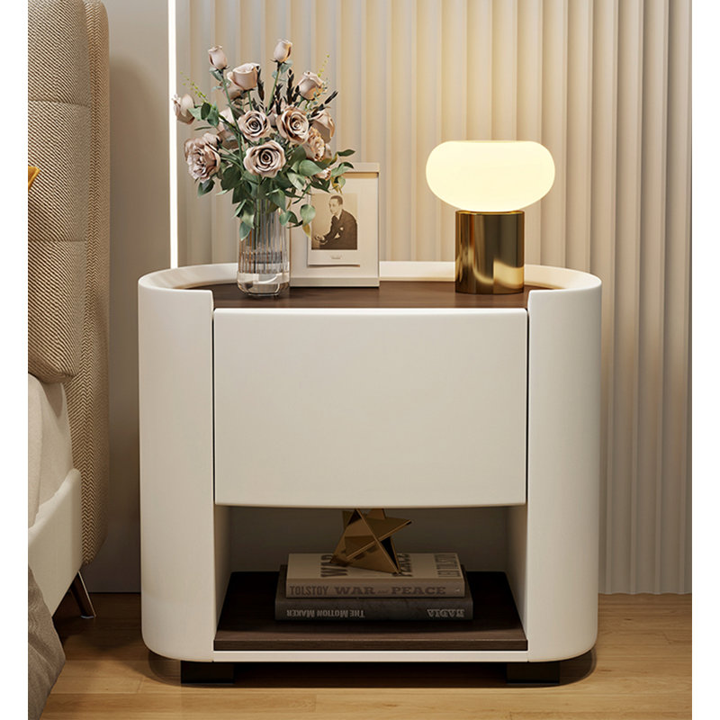 Table de chevet en bois massif de style moderne, avec revêtement en cuir ultra-mince et tiroirs cachés, convenant à la chambre à coucher