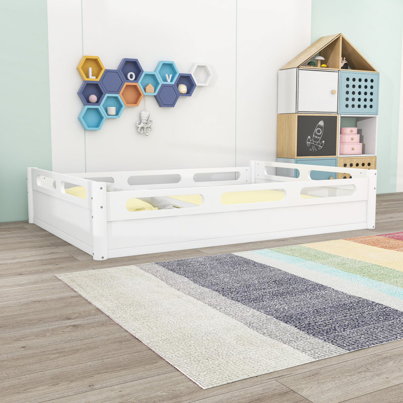 Floor Platform Bed with Guardrails, White, Queen