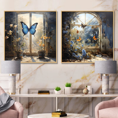 Cottage Blue Sunlit Butterfly I - Butterfly Canvas Wall Art Set Of 2