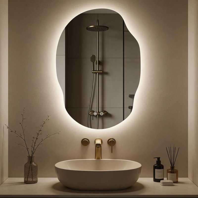 Miroir de salle de bain asymétrique DEL 31 po x 22 po - Miroir de courtoisie rétroéclairé avec antibuée, éclairage à intensité variable en 3 couleurs et fonction mémoire