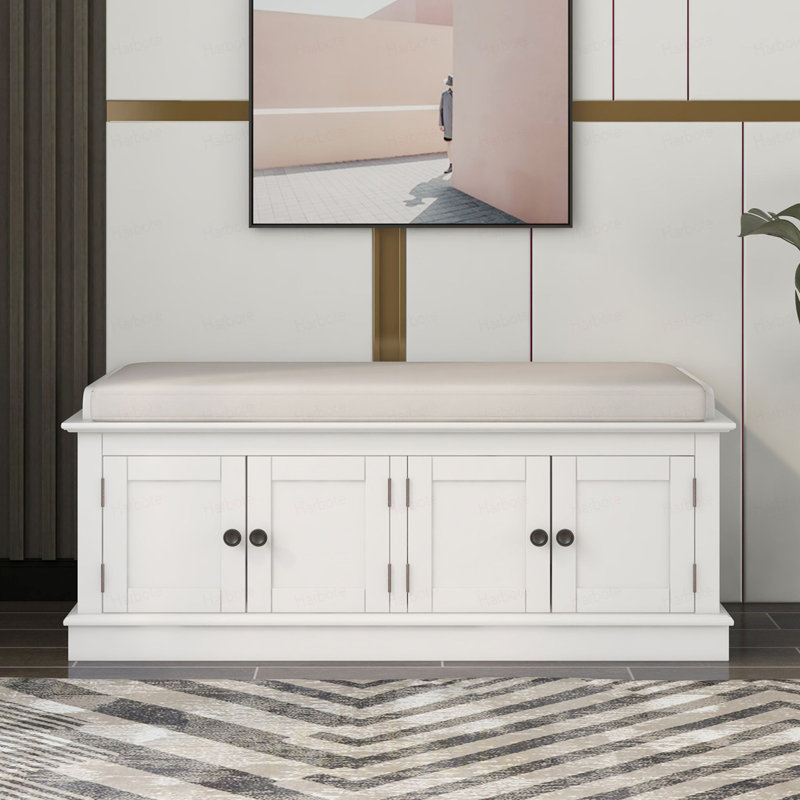 Banc de rangement avec 4 portes et tablettes réglables, banc à chaussures avec coussin amovible pour le salon, vestibule