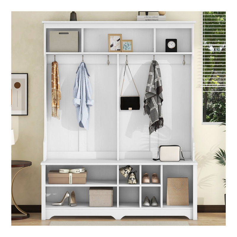 Modern Hallway Hall Tree with Metal Hooks and Storage Space, Multi-Functional Entryway Coat Rack with Shoe Cubbies