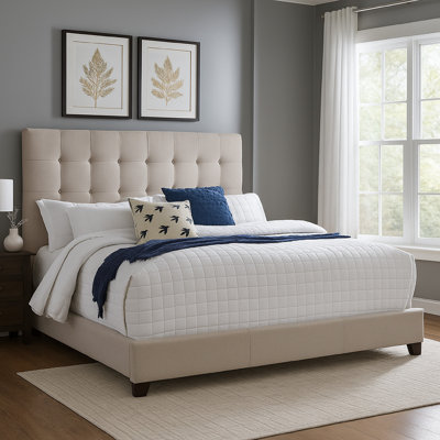 Leji King Size Platform Bed | Deep Button Tufted Beige Upholstery | Low Profile by Benjara