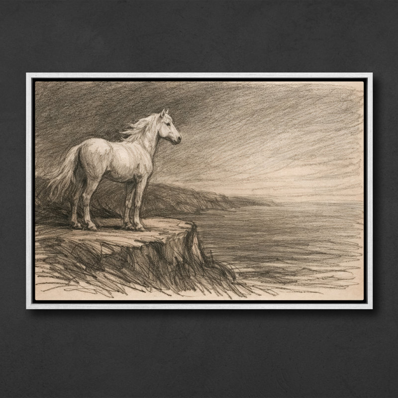 Croquis de cheval blanc debout au bord de la mer, impression encadrée, H 24 po x l 36 po, Blanc