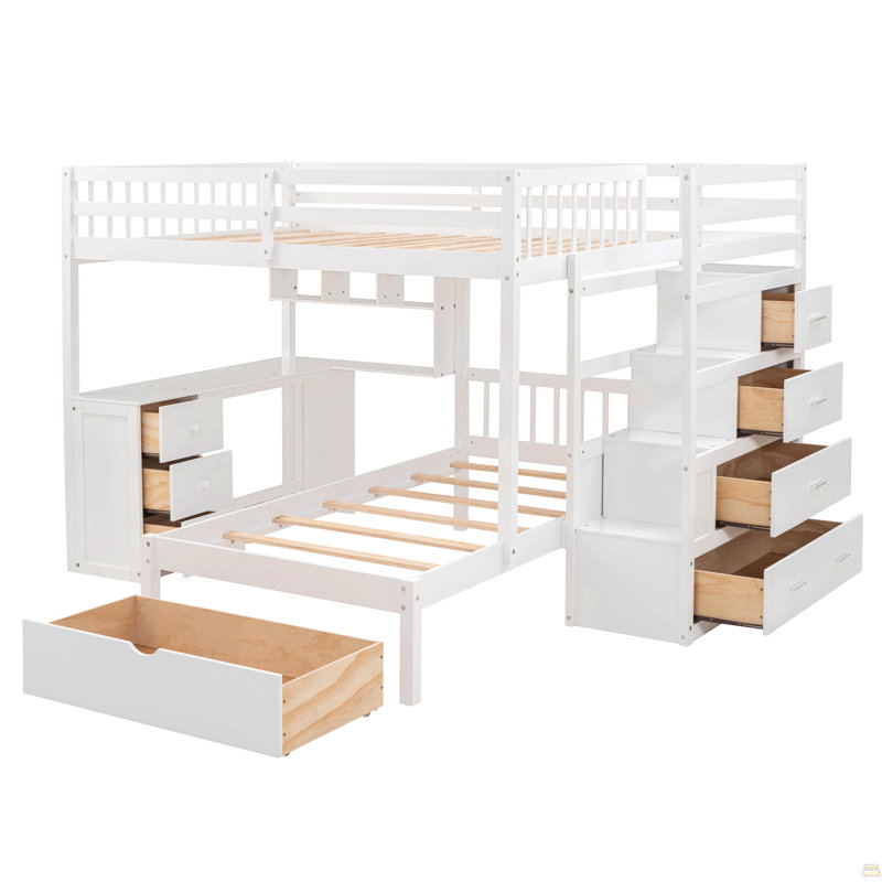 Lit superposé double au-dessus de simple avec bureau, tiroirs et tablettes