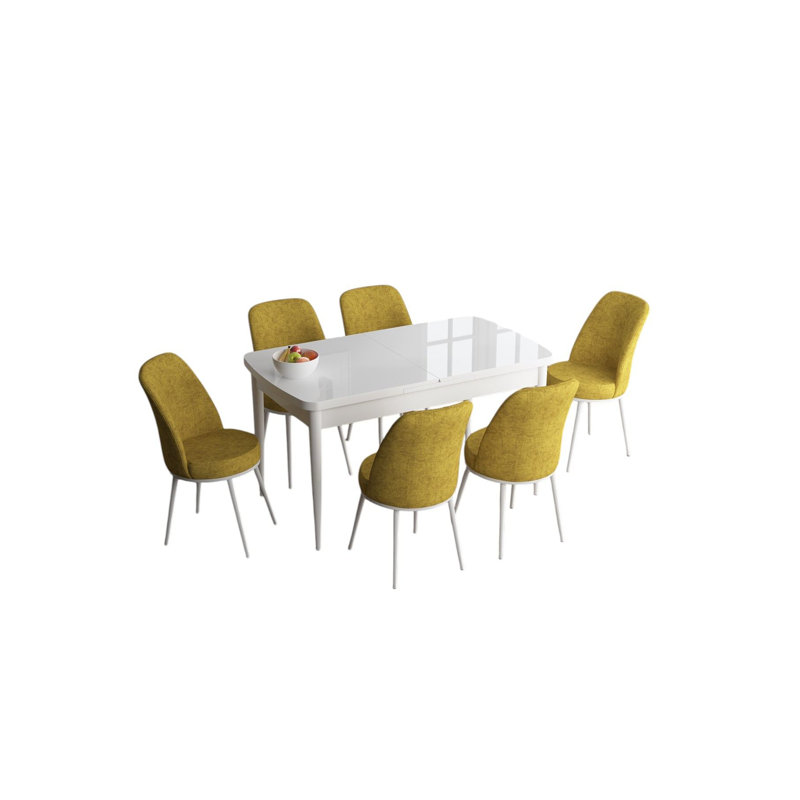 Ensemble de table et chaises de salle à manger moderne extensible (7 pièces), blanc et moutarde, 44,9 po x 27,6 po x 30,7 po | 100% panneau de fibres à densité moyenne avec pieds en métal, siège en mousse confortable, idéal pour les réunions de famille et les salles à manger