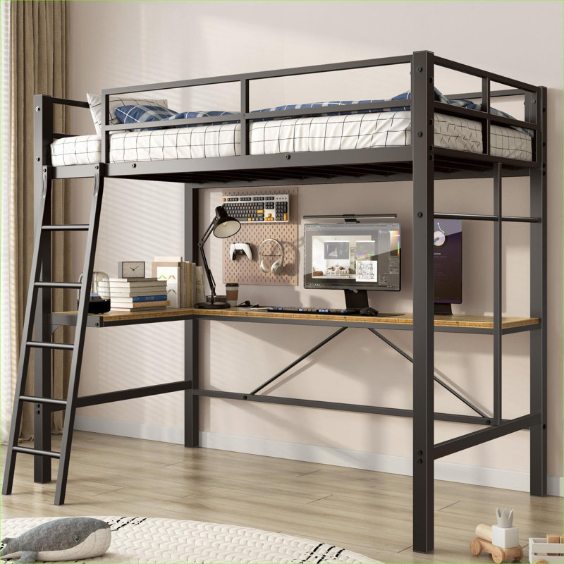 Structure de lit Lit mezzanine simple compact en métal noir avec bureau encastré en L et station de charge
