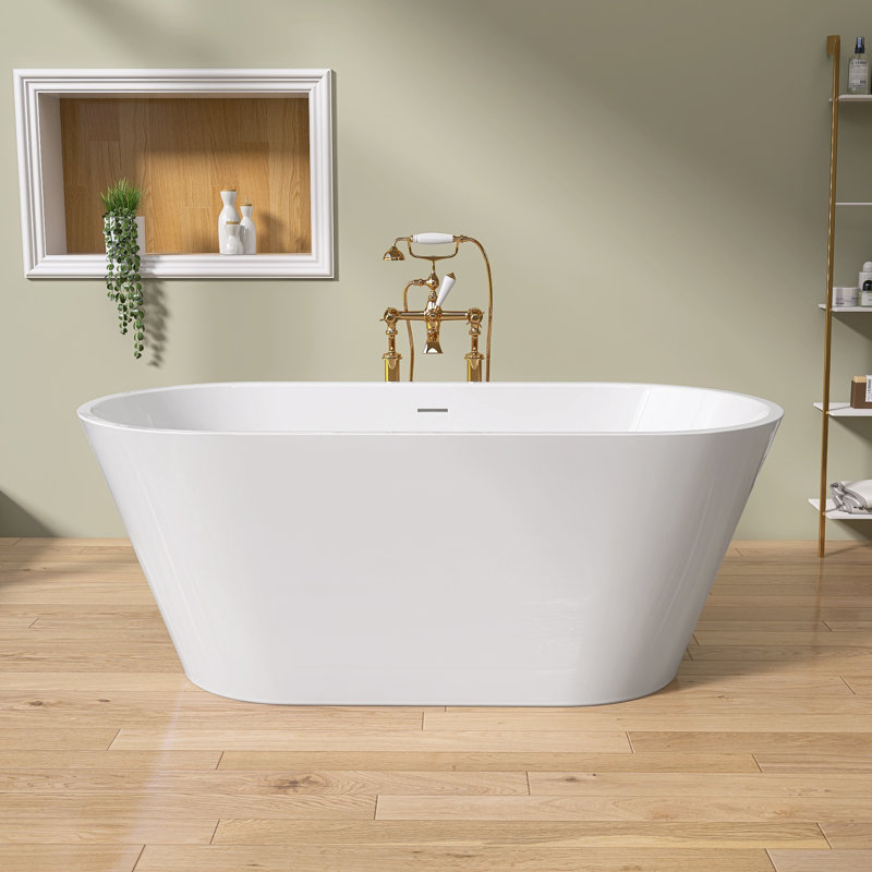 55" Freestanding Soaking Acrylic Bathtub Contemporary Stand Alone Tub with Pop-Up Drain, Glossy White